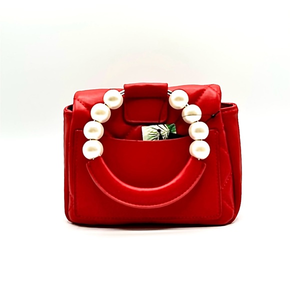 Badgley Mischka Mini Faux Pearl Embellished Top Handle Bag Red - Picture 2 of 2